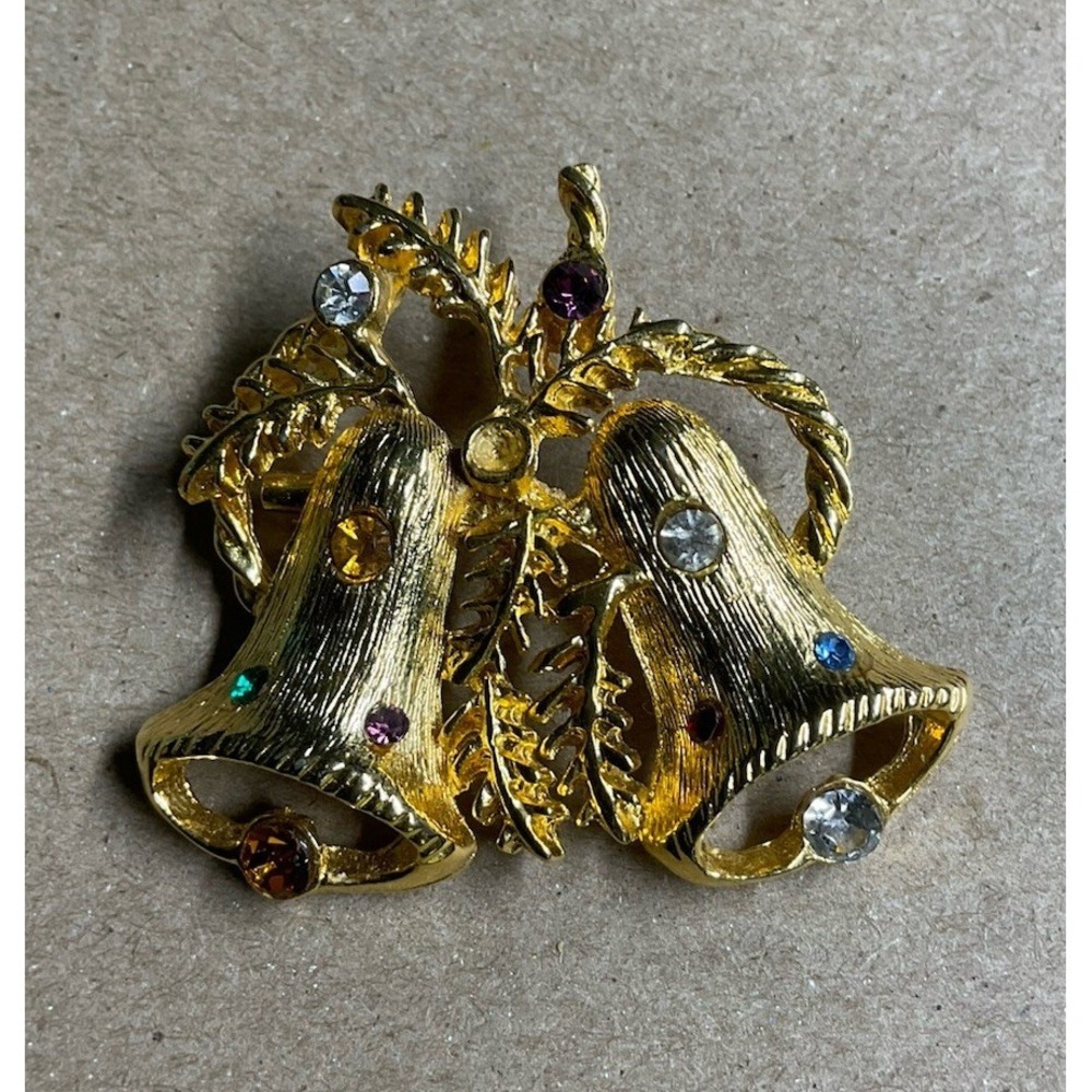 Gold Tone Bells Brooch Rhinestones Christmas Winter Jewelry VTG Retro READ